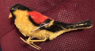 Vintage Wind - Up Mechanical Bird With Key; Yellow Belly,  Black And Red Back