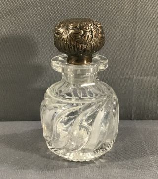 Very Large Gorham Sterling Repousse 5.  5” Cut Crystal Dresser Perfume Bottle