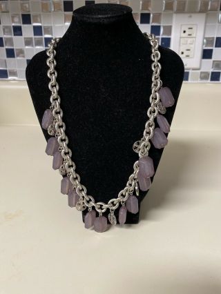 Vintage Tory Burch Silver Tone Chain Statement Necklace Purple Dangle Beads