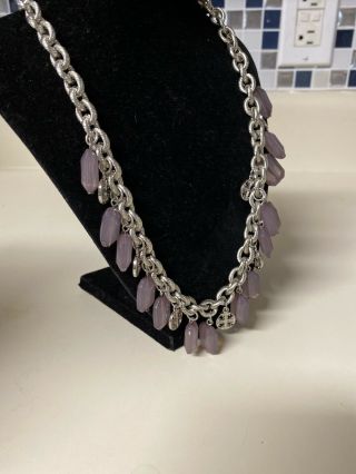 Vintage Tory Burch Silver Tone Chain Statement Necklace Purple Dangle Beads 3