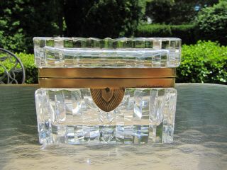 Antique French Heavy Crystal Jewelry Casket Trinket Box W/ Brass Fittings