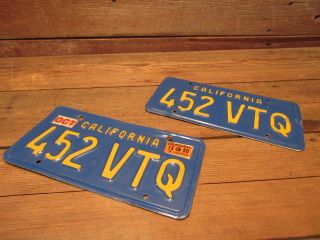 Vintage California Blue Yellow License Plate Matching Set Pair Plates 2