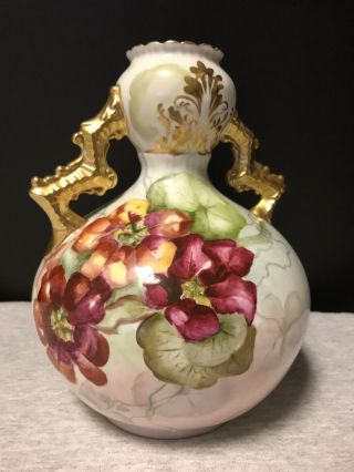 Antique Ktk Lotus Ware Vase Handprinted With Floral Designs And Gold Handles