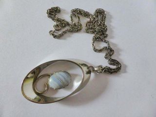 Blue Lace Agate Pendant Necklace,  Vintage Pendant & Chain,  Retro Jewellery