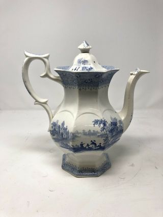 Antique Staffordshire Blue Transfer Ware Tea Pot,  " Garden Scenery " By T&j Meyer.