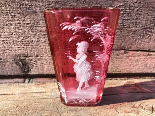 Antique Cranberry Mary Gregory Hand Painted Fan Glass Vase Victorian Reserved