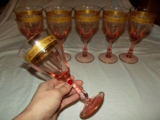 (4) Water Goblet Glasses 7 " Depression Pink Gold Rose Encrusted Fry9 Fry Glass 9