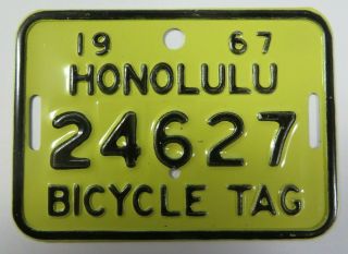 Vintage 1967 Honolulu,  Hawaii Bicycle Tag License Plate Bike No.  24627