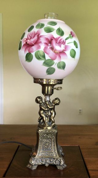 Antique Cherub Oil Parlor Banquet Gwtw Table Lamp Hand Painted Shade Globe