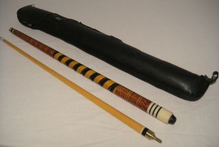 Vintage 2 - Pc Billiards Pool Cue Stick,  Carved Handle,  Leather Grip 57 " L 21oz,  Case