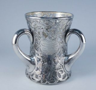 Art Nouveau C1900 Alvin Sterling Silver Overlay Art Glass Loving Cup Golf Trophy