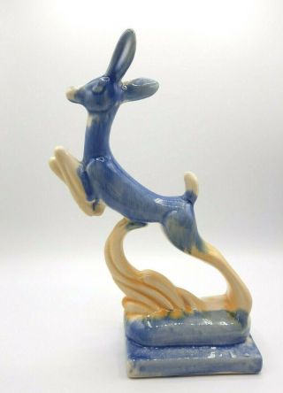 Vintage Art Pottery Leaping Deer Figurine W Blue And Yellow Glaze