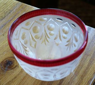 Antique Boston Sandwich Glass Frosted And Bright Cut Glass Finger Bowl Red Rim