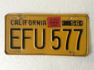 1956 California License Plate W/ 1957 Sticker Efu 557