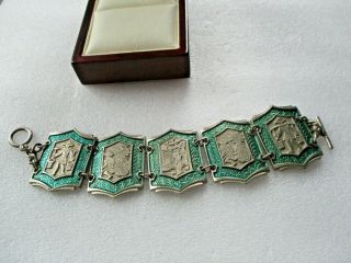 Vintage Silver Tone Green Enamel Oriental Theme 7 3/4 " Toggle Bracelet