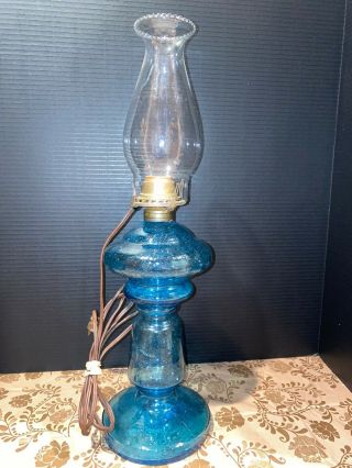 Vintage Blue Glass Electric Oil Lamp