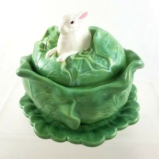 Vintage Holland Mold Cabbage Lettuce Bunny Serving Dish Bowl Under Plate Lid