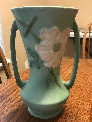Vintage Weller Green Vase Dogwood Art Deco Era Double Handles 9 1/2”