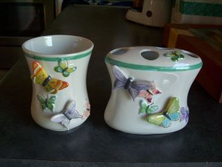 Vintage Ceramic 4 Toothbrush Holder Bathroom Home Decor W/butterfly & Cup