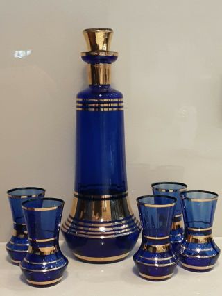 Vintage Mid Century Cobalt Blue Decanter With 5 Glasses