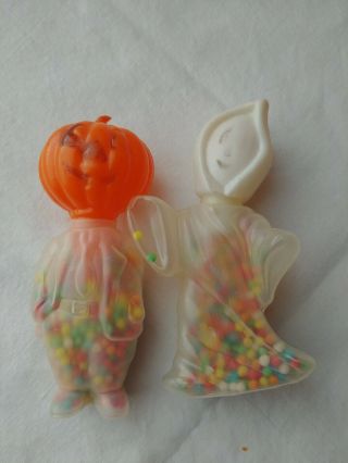 2 Vintage Halloween Plastic Candy Container Ghost& Pumpkin Head Vintage