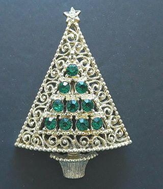 Vintage Gold Tone Rhinestone Christmas Tree Pin 2 - 1/2 " High