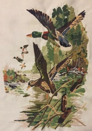 Vintage Crewel Finished Mid Century Mallard Ducks Reeds Hunting Flight 26 By 22