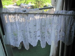 Vtg White Floral Lace Valance Curtain Pair 2 Scallop Edge Country Cottage 59x17