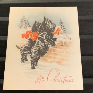 Vintage Greeting Card Christmas Scottish Terrier Scottie Dog On Ledge Trees