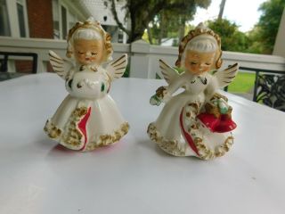 Vtg Pair 1960 Holt Howard Ceramic Christmas Angel Candle Holders Muff Bells
