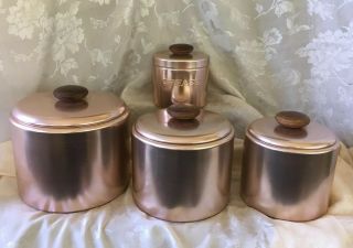 Vintage Mirro Rose Gold Aluminum Round Canister Set Of 3,  Grease Can Wood Knobs
