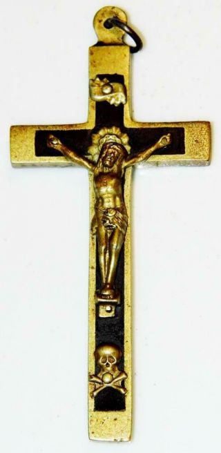 Antique Skull & Bones Pectoral Crucifix Ebony Inlay Cross & Corpus Jesus Christ
