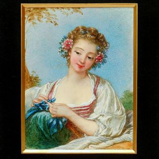 Lovely C19th Antique Miniature Watercolor Painting Of A Young Woman With Flowers