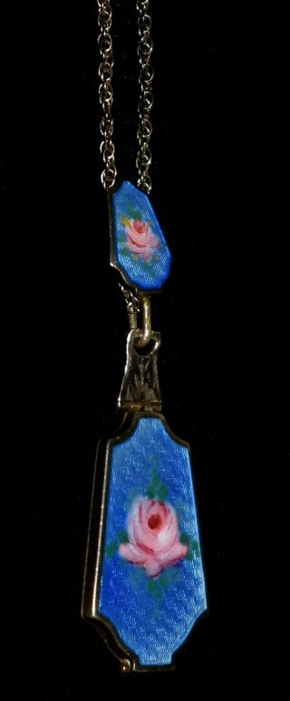 Gorgeous Antique Sterling Enamel Guilloche Locket W Matching Slide Necklace