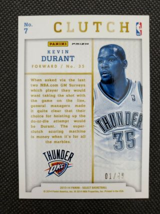 2013 - 14 KEVIN DURANT PANINI SELECT CLUTCH BLUE REFRACTOR PRIZM SP INSERT 1/49 3