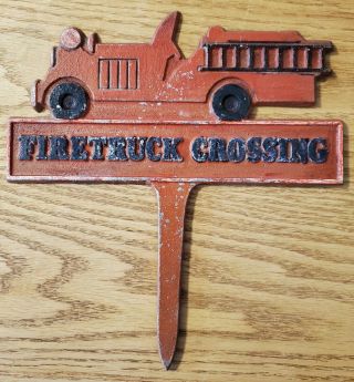 Old Vintage Firetruck Crossing Metal Yard Sign Great Patina Emic 8135