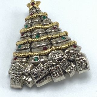 Vintage Jeweled Christmas Tree Brooch Pendant Pin Silver Gold Tone