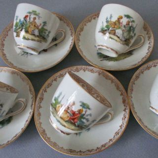 5 Antique Dresden Hp Porcelain Demitasse Cups & Saucers Figures,  Flowers Thieme