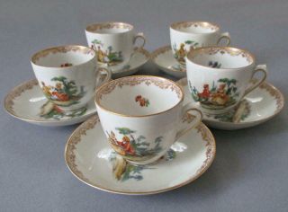 5 Antique DRESDEN HP Porcelain Demitasse Cups & Saucers FIGURES,  FLOWERS Thieme 2