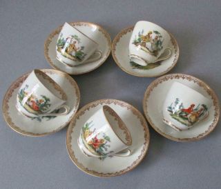 5 Antique DRESDEN HP Porcelain Demitasse Cups & Saucers FIGURES,  FLOWERS Thieme 3