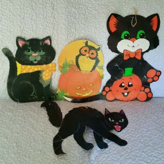 Vintage 4 Pc.  Paper Black Cats Owl Moon Hanging Halloween Decorations Jackolante