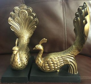 Pair Antique Brass Peacock Bookends Heavy - 7 Lbs 9.  3/4 " Tall X 6.  5 W