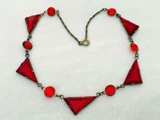 Vintage Antique Art Deco Czech Ruby Red Step Glass Paste Open Back Necklace