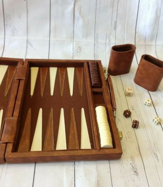 Vintage Backgammon Set Briefcase Faux Leather Travel Case - No Instructions