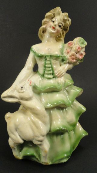 2 China Figurines Italy Female Spring Summer Fawn Floral Bouquet Vintage 4.  5 