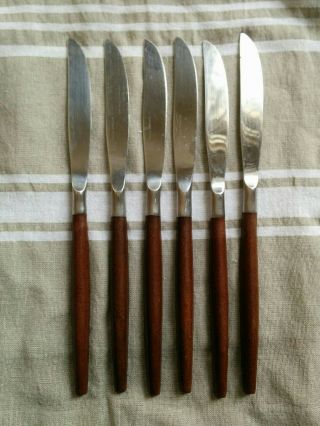 Ekco Eterna Canoe Muffin (6) Butter Knives Stainless Wood Knife Set Mcm Vtg