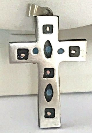 Vintage Signed Taxco Mexico Ar Sterling Silver Copper Turquoise Cross Pendant