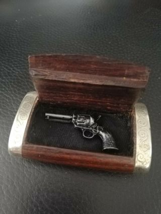 Antique Wooden Miniature Box,  With A Miniature Pistol,  Handgun Fitted