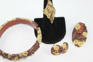 Gorgeous Vintage Carved Celluloid Floral Bracelet,  Dress Clip,  Earrings & Ring