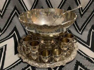 Vintage F.  B.  Rogers Silverplate Punch Bowl Set With 19 Cups,  Tray,  Ladle,  Dish